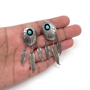 Vintage Navajo Style Sterling Silver Turquoise Feather Dangle Clip On Earrings